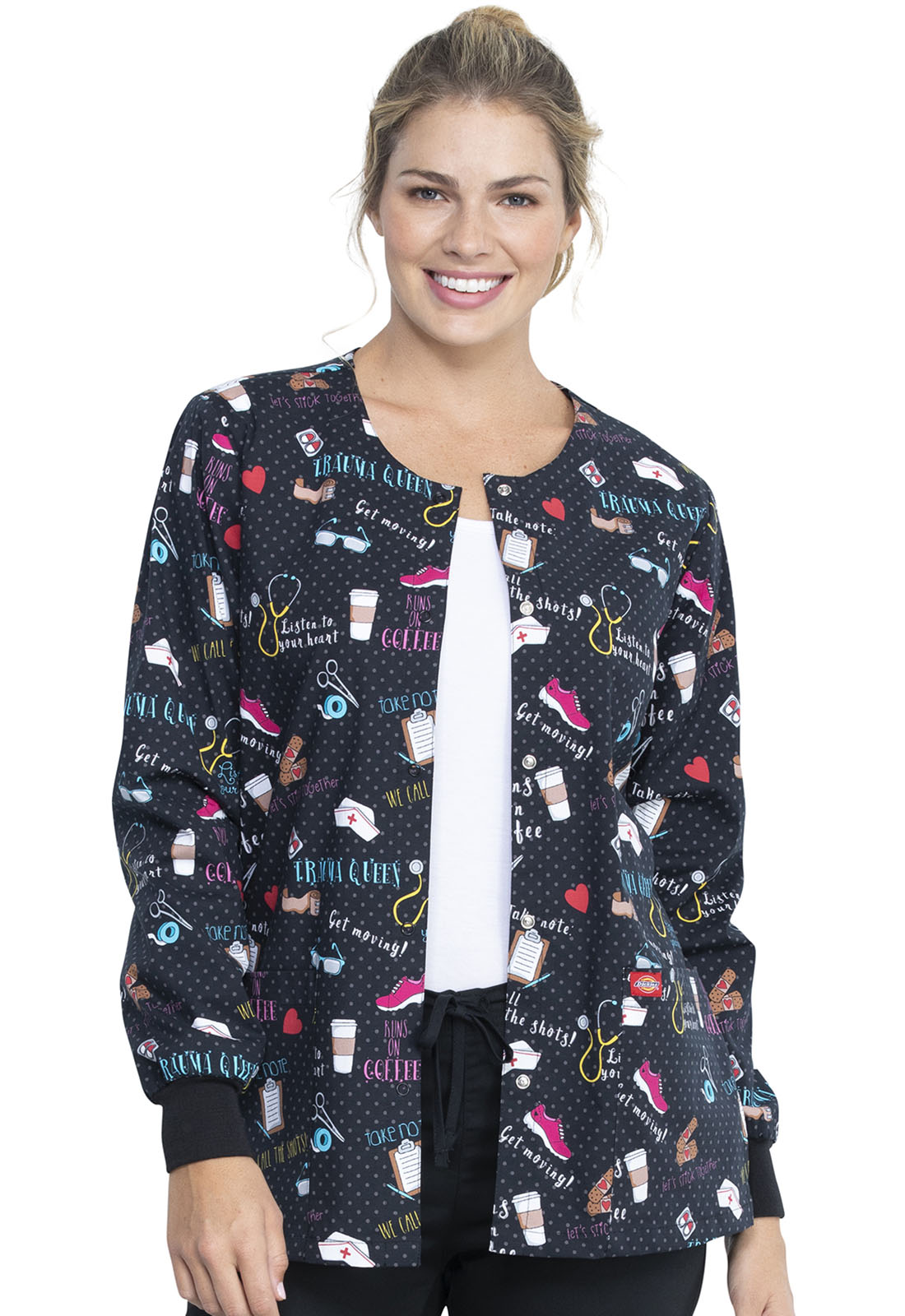Dickies Women's Snap Front Warm-Up Print Scrub Jacket - DK301