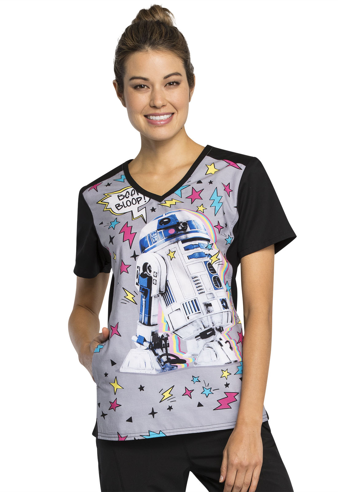 Tooniforms Women's Kiss The Sky Shaped V-Neck Print Scrub Top