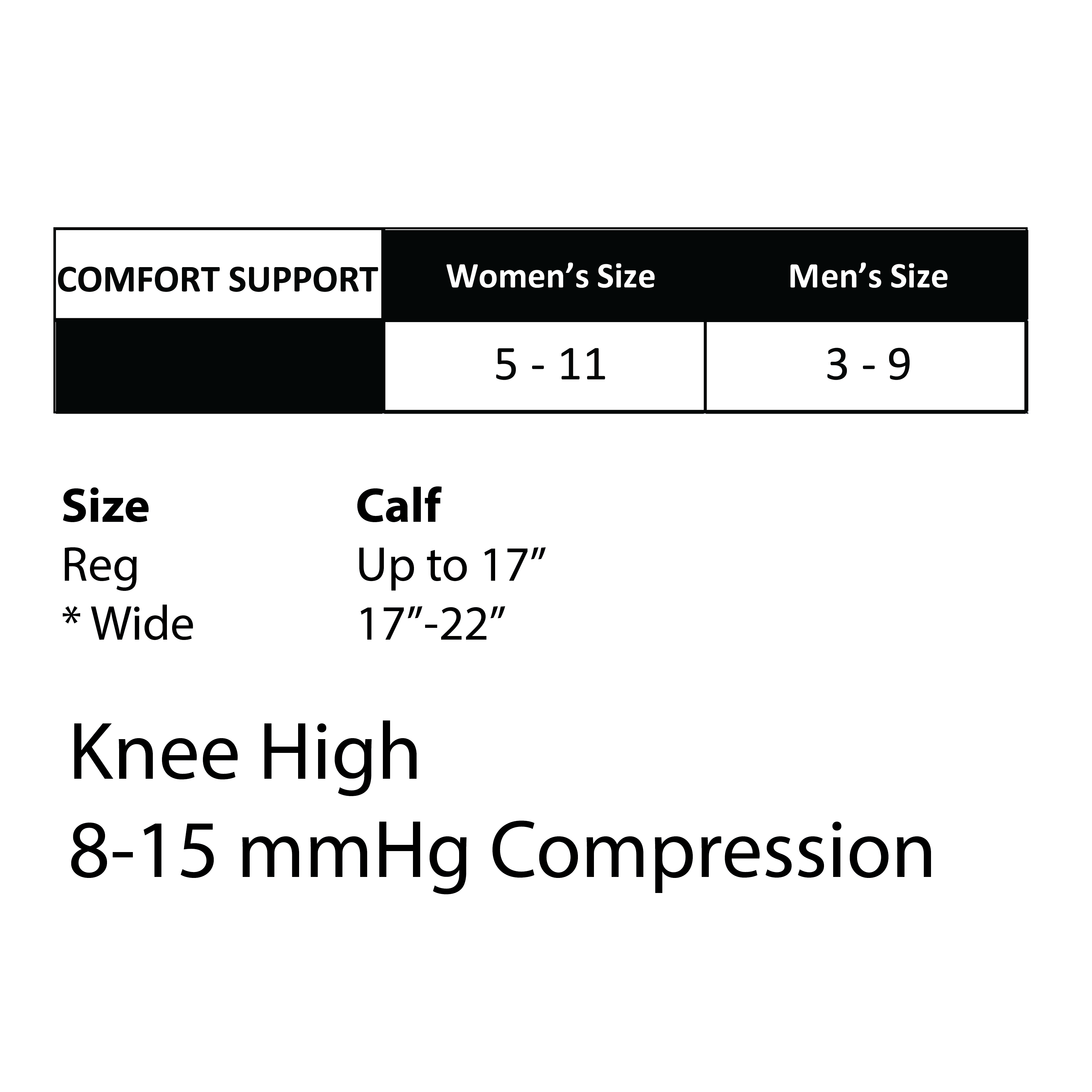 Knee High 8-15 mmHg Compression Sock size chart