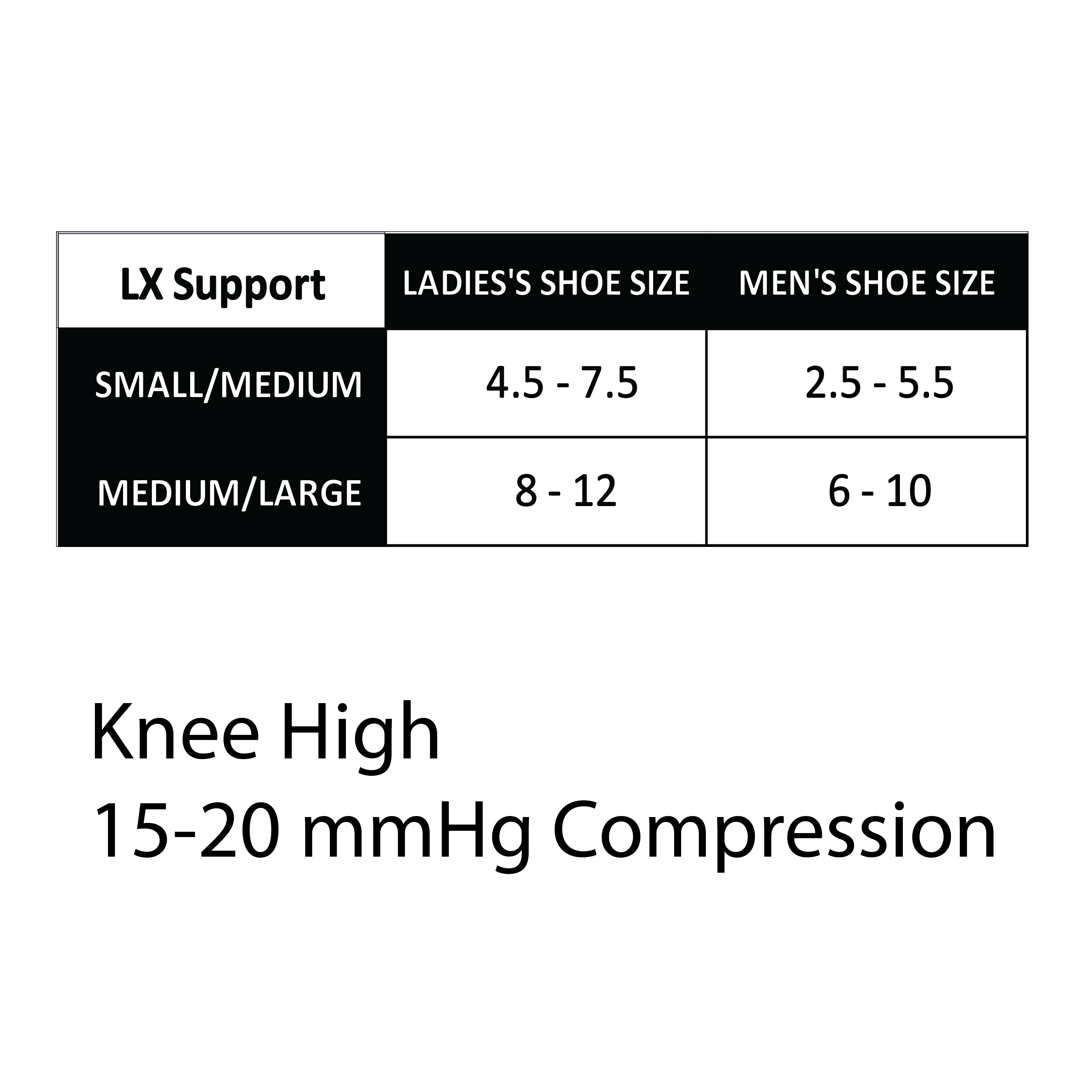 Knee High 15-20 mmHg Compression Socks size chart