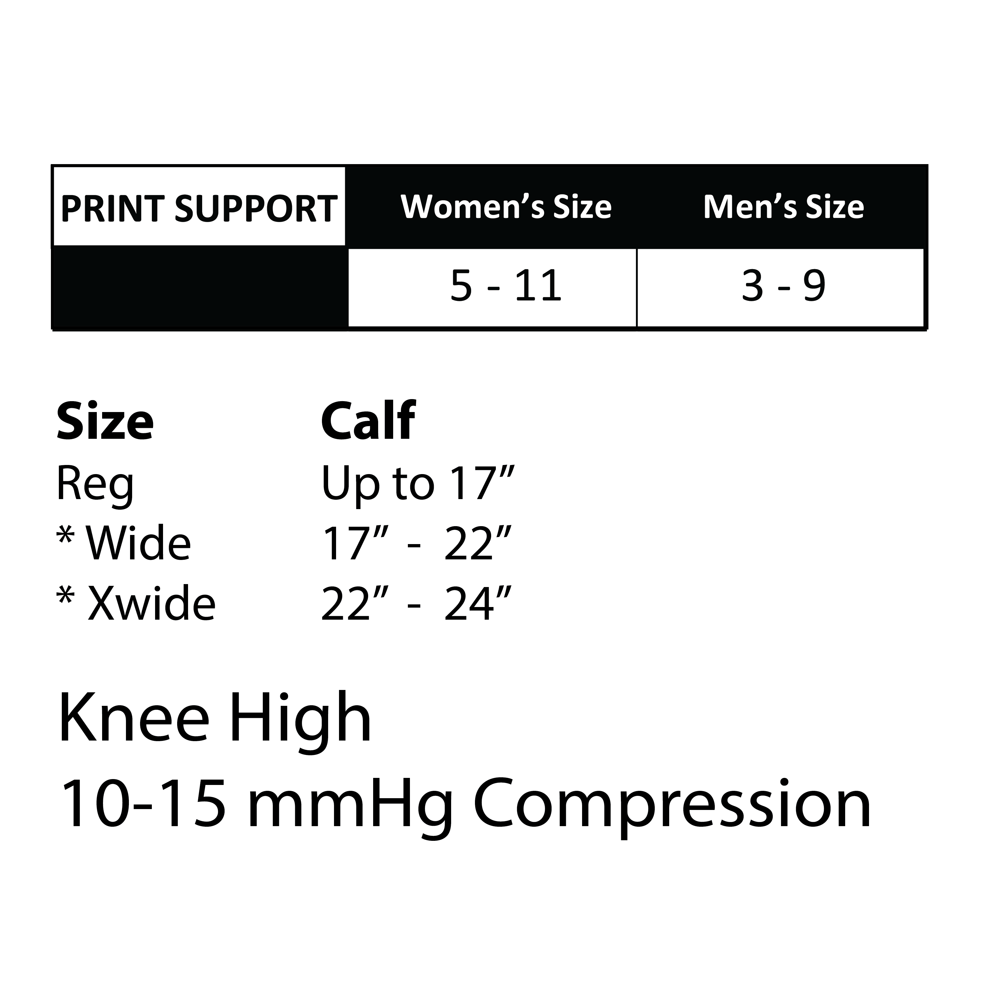 Women's 10-15mmHg Compression Socks size chart